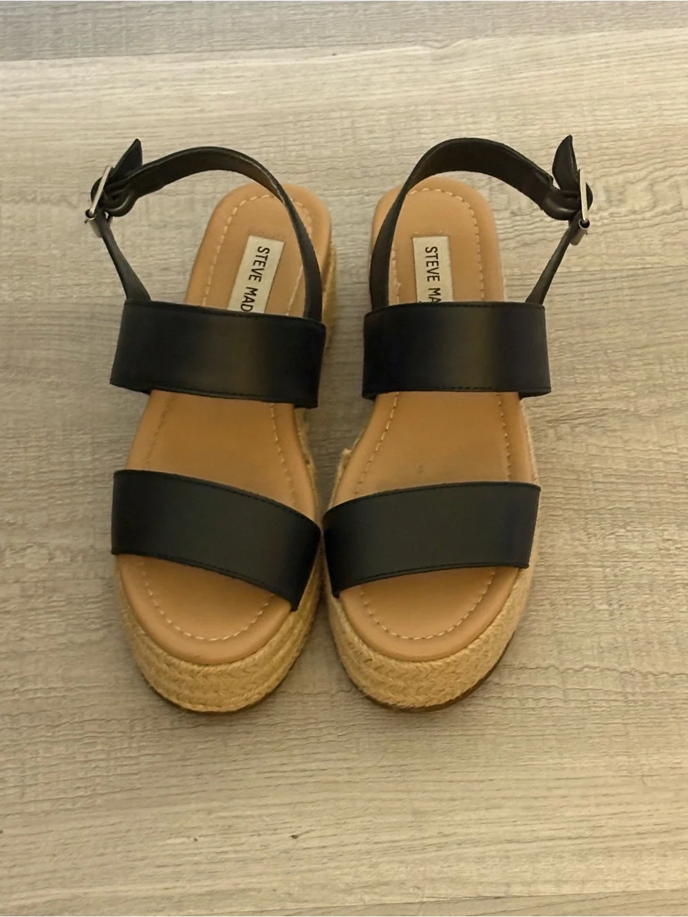 Steve Madden Black Espadrille Platform Sandals with Tan Footbed